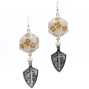 D20 Paladin Character Earrings - DND Dice Earrings w/ Shield - Shield Jewelry - RPG Earrings Sword or Axe and Shield - Gamer Geeky Jewelry