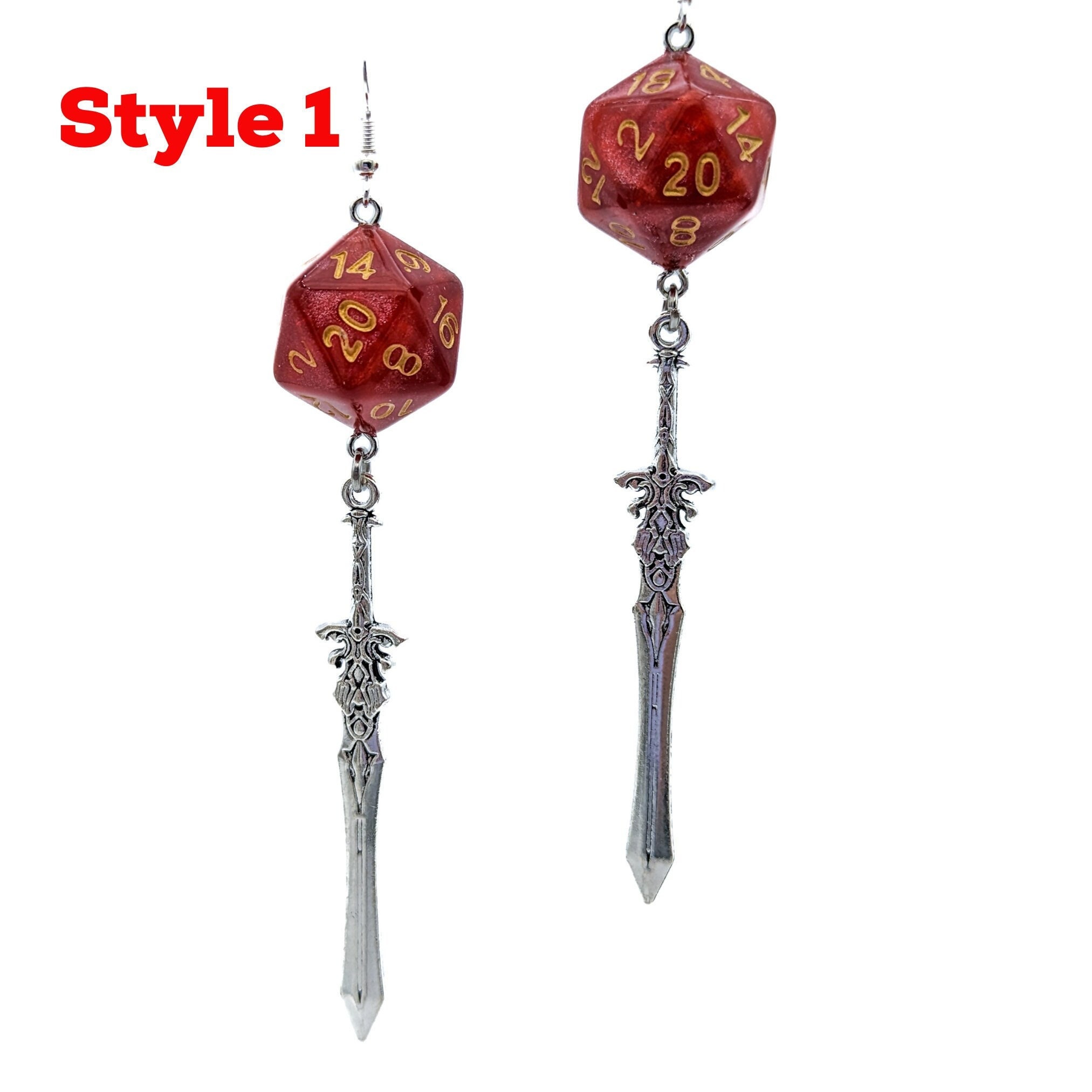 D20 Fighter Character Earrings - DND Dice Earrings Red with Sword - Blade Dice Jewelry - RPG Spear Earrings - Gamer Geeky Jewelry D20/D10