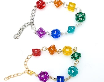 DnD Dice Chakra Bracelet with Rainbow D20 Dice - 7 Chakras Bracelet Tabletop RPG Dice Jewelry - Pathfinder Critical Role or DnD Jewelry