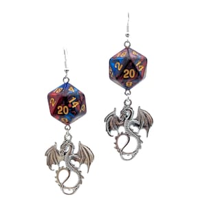 D20 Dragon Dice Earrings - Dungeons and Dragons - Red and Blue Dice Earrings - DND Dice Earrings  - Wizard Jewelry