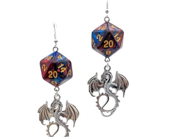 D20 Dragon Dice Earrings - Dungeons and Dragons - Red and Blue Dice Earrings - DND Dice Earrings  - Wizard Jewelry