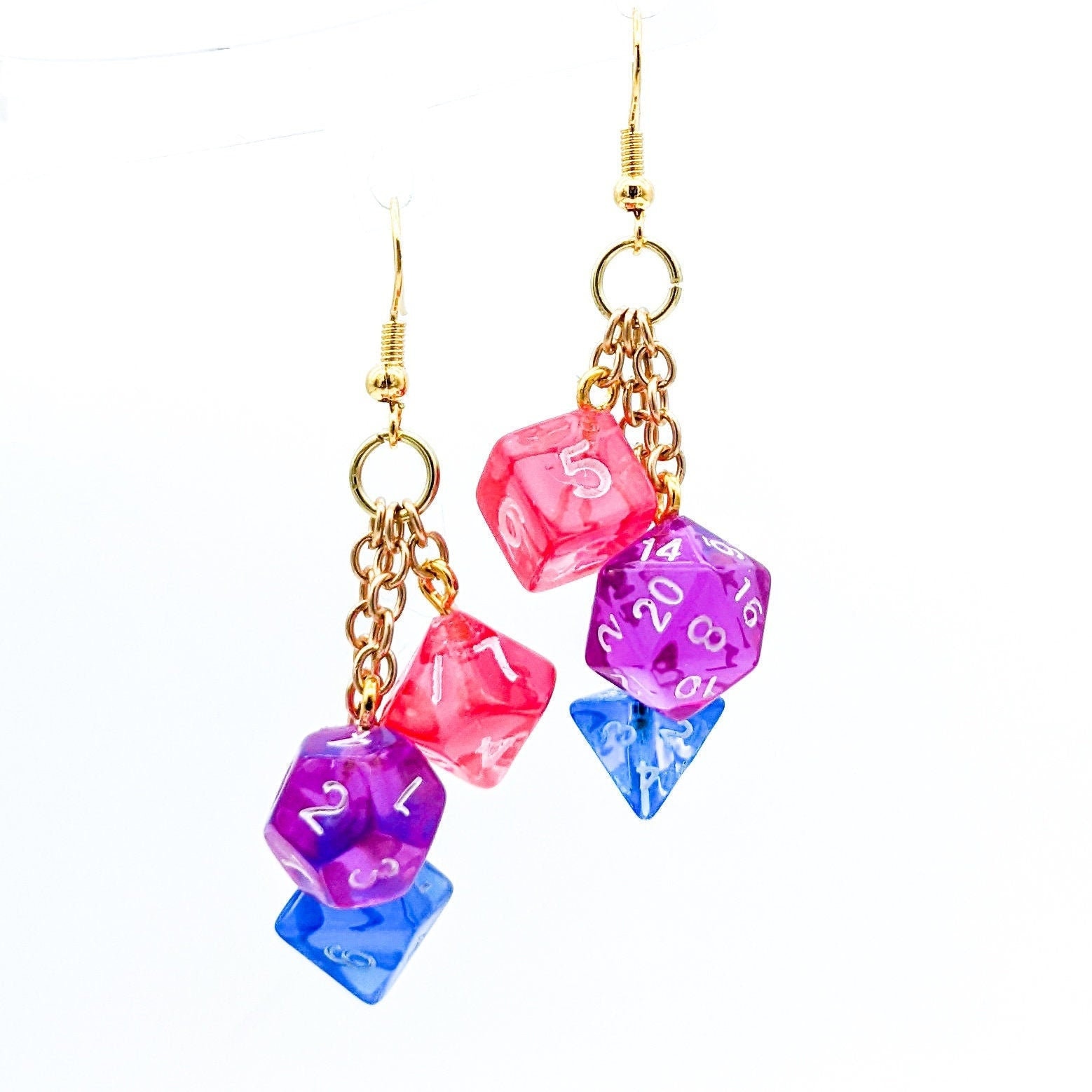 Mini Bi Pride Dice Earrings - DND or Pathfinder Polyhedral RPG D20 Gamer Bisexual Flag - Fun and Quirky Geeky Jewelry
