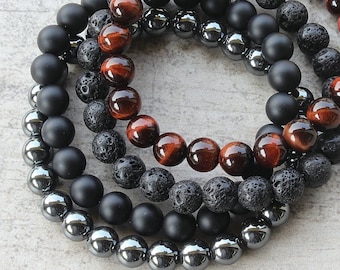 Mens 4pc Bracelet Set - Black Onyx, Lava Stone, Hematite & Your Choice of Gemstone Bracelet - Gift for Him