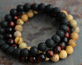 Juego de pulseras para hombre de 3 piezas, ojo de tigre rojo, jaspe de arena y elección de ónix negro o piedra de lava, regalo para él. Regalo de padre para papá Regalo para hijo Regalo