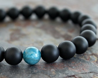Boyfriend Gift Blue Apatite Matte Black Onyx Bracelet Mens Bracelet Mens Gift Mens Beaded Bracelet for Boyfriend Birthday