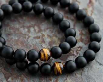 Conjunto de pulseras de ojo de tigre y ónix negro para padre e hijo, pulseras a juego para padre e hijo, regalo para padre e hijo, regalos para hermanos.