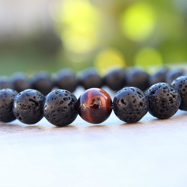 Red Tigers Eye & Lava Stone Mens Bracelet Gifts for Men for Dad Lava Bracelet Mens Gift for Boyfriend Gift for Him, Mens Beaded Bracelet