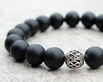 Black Onyx & Sterling Silver Mens Bracelet Mens Beaded Bracelet 10mm Beads Gift for Dad Gifts for Men Gift for Boyfriend Gift