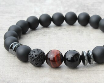 Pulsera para hombre de ónix negro con ojo de tigre y piedra de lava - Regalo para hombre - Aniversario del esposo - Cumpleaños del novio