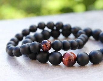 Juego de 2 pulseras a juego de ojo de tigre rojo y ónix negro, regalos para padre e hijo, regalos a juego para padres e hijos para hermanos
