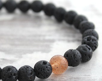Fathers Day Gift SLIM Sunstone Bracelet Black Bracelet for Man Gifts for Men Lava Bead Mens Beaded Bracelet Essential Oil Diffuser Bracelet