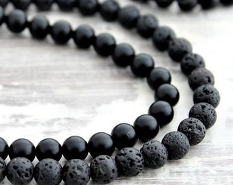 Mens Beaded Necklaces - 2pc Set - Lava and Onyx Mens Necklace Set - 6mm or 8mm Beads - 26" 28" or 30" Long Necklace for Men