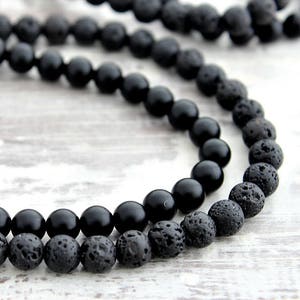 Mens Beaded Necklaces - 2pc Set - Lava and Onyx Mens Necklace Set - 6mm or 8mm Beads - 26" 28" or 30" Long Necklace for Men