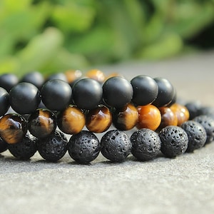 Mens Onyx Lava & Tigers Eye Beaded Bracelet Set, Gift for Him, Husband Anniversary, Boyfriend Birthday, 6mm,8mm, or 10mm Bead Sizes image 1