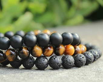 Mens Onyx Lava & Tigers Eye Beaded Bracelet Set, Gift for Him, Husband Anniversary, Boyfriend Birthday, 6mm,8mm, or 10mm Bead Sizes