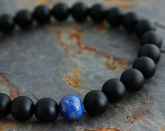 Pulsera de lapislázuli y ónix para hombre, ideal como regalo de cumpleaños para tu novio o esposo, ideal como regalo de aniversario. Pulsera de cuentas de calidad AAA para hombre.