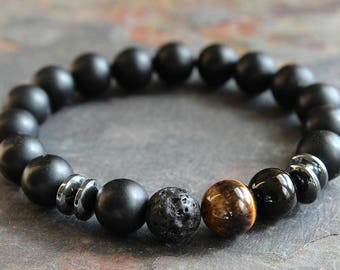 Pulsera para hombre Ónix negro - Piedra de lava ojo de tigre - Regalo para hombre - Día del padre - Cumpleaños del novio - Aniversario del marido