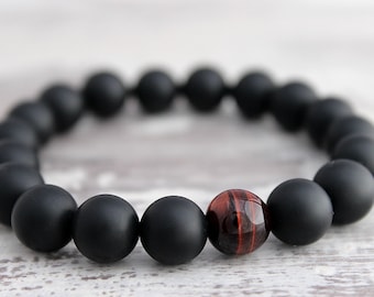Lucky Tigers Eye & Black Onyx Bracelet Mens Beaded Bracelet Gifts for Men Boyfriend Birthday Gifts for Anniversary Gift for Husband