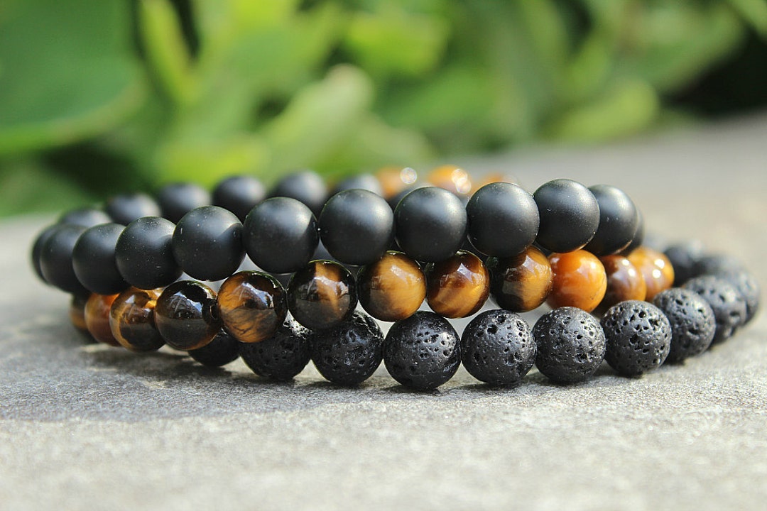 Men's 18K Gold Plated Bracelet - Adjustable Stainless Steel With Lava Rock & Onyx Beads