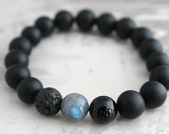 AAA Labradorite Mens Bracelet with Black Onyx & Lava Stone - 12mm Mens Beaded Bracelet Anniversary Birthday Valentines Day Gift for Him