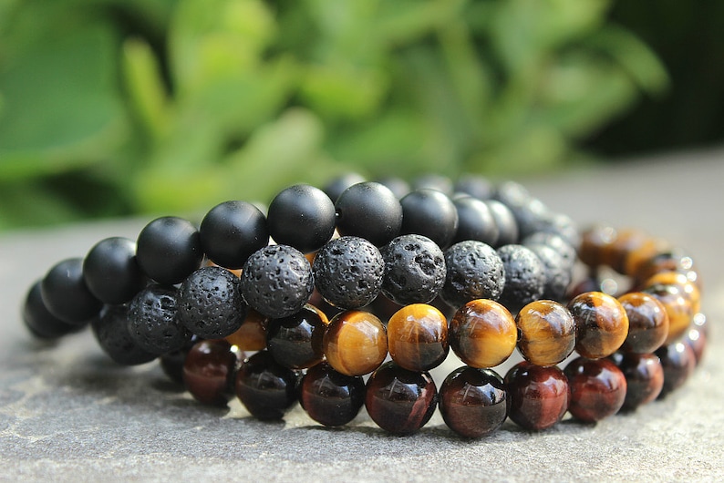 Mens Onyx Lava & Tigers Eye Beaded Bracelet Set, Gift for Him, Husband Anniversary, Boyfriend Birthday, 6mm,8mm, or 10mm Bead Sizes image 3