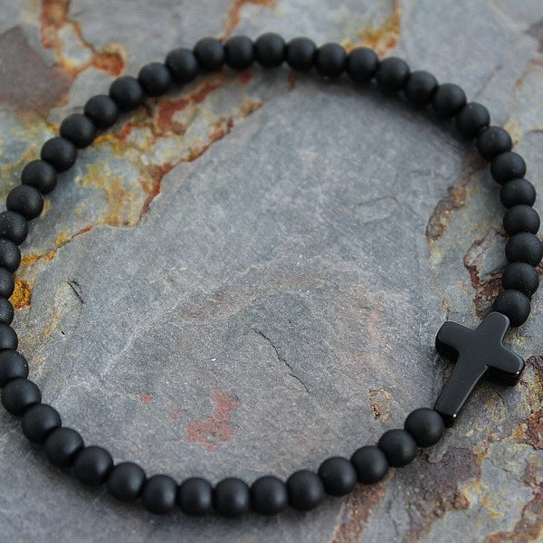 Mens Bracelet Super Slim Black Onyx Cross Bracelet Onyx or Lava Stone Mens Beaded Bracelet Mens Gift Boyfriend Gift for Husband Brother Gift