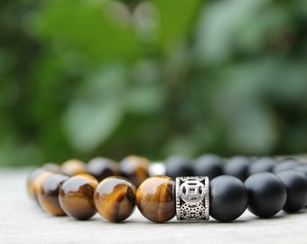 NEW! Mens Bracelet - Tigers Eye, Black Onyx & Sterling Silver - 10mm Beads - Mens Bracelets - Husband Gift for Dad Gift for Him