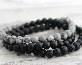 3 pc Juego de pulsera para hombre - Jasper, Onyx, Lava - Pulsera para hombre Regalo para novio Regalo para el esposo Regalo para el hombre Regalo para el hijo Regalo para él