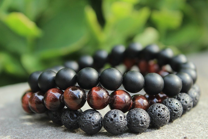 Mens Onyx Lava & Tigers Eye Beaded Bracelet Set, Gift for Him, Husband Anniversary, Boyfriend Birthday, 6mm,8mm, or 10mm Bead Sizes image 2