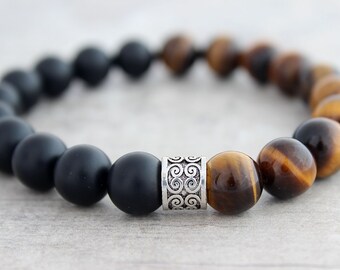 NEW! Tigers Eye, Black Onyx & Sterling Silver Mens Bracelet - 10mm Beads - Husband Birthday - Boyfriend Anniversary - Gift for Man