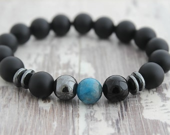 Pulsera de apatita azul y ónix negro Pulsera para hombre Regalo para marido Regalo para hombre Regalo para novio Regalo para papá Regalo para hijo Regalo para hermano Regalo