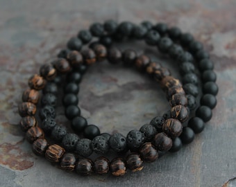 Pulsera de madera de palma (juego de 2 o 3 piezas) - Cuentas de 6 mm, 8 mm o 10 mm - Regalo para cumpleaños de novio o aniversario de esposo