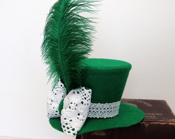 Emerald Green Felt Mini Top Hat, White Crocheted Bow, Green Ostrich Feather Fascinator, Ladies, Child, READY TO MOUNT