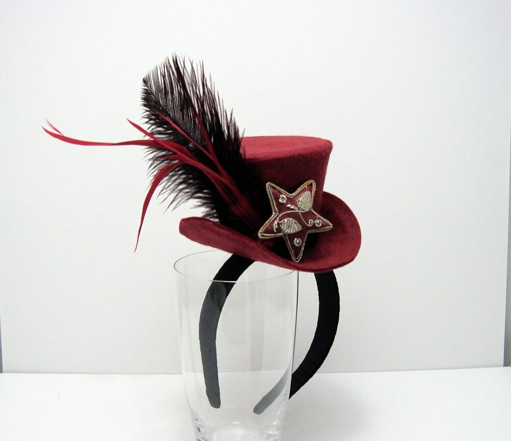 Red Mini Steampunk Christmas Top Hat Fascinator Feathers Etsy