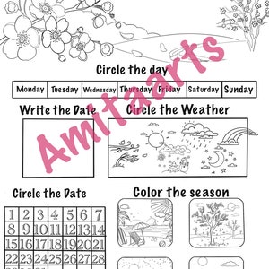 Kids coloring pages printables instant download calendar months dates season weather color and learn coloring book preschool kindergarten
