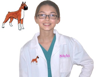 Personalized Kids Lab Coat with Boxer Dog Embroidery Design, Veterinarian Lab Coat, Birthday Gift, Childrens Lab Coat, Monogrammed Name
