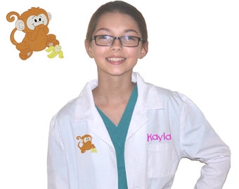 Personalized Kids Lab Coat with Baby Monkey Embroidery Design, Veterinarian Lab Coat, Birthday Gift, Childrens Lab Coat, Monogrammed Name