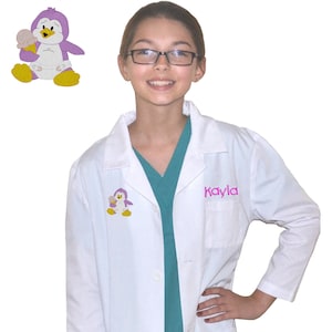 Personalized Kids Lab Coat with Baby Penguin Embroidery Design, Veterinarian Lab Coat, Birthday Gift, Childrens Lab Coat Monogrammed Name