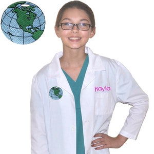 Embroidered Personalized Kids Lab Coat with Earth Desgn for little Doctors, Nurses and Scientists