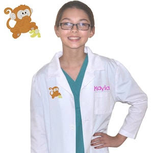 Personalized Kids Lab Coat with Baby Monkey Embroidery Design, Veterinarian Lab Coat, Birthday Gift, Childrens Lab Coat, Monogrammed Name