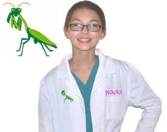 Personalized Kids Entomologist Lab Coat Praying Mantis Insect Embroidery Design