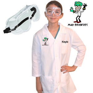 Personalized Kids Mad Scientist Lab Coat with Goggles, Halloween Costume, Crazy Professor, Science Gift
