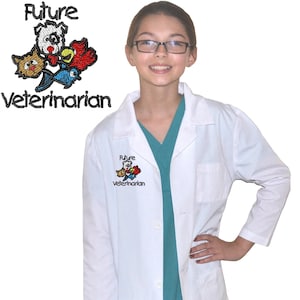 May include: White lab coat with a colorful embroidered patch that says "Future Veterinarian" and features a dog, cat, fish, and bird. A young person is wearing the coat.