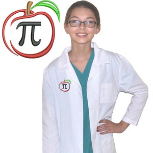 May include: A white lab coat with a green and red apple with a black pi symbol embroidered on the left chest pocket.