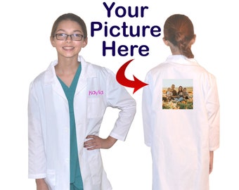 Bata de laboratorio personalizada para niños doctor con una imagen impresa grande en la espalda, la escuela, la ciencia, la enfermera, el veterinario
