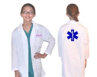 Bata de laboratorio personalizada para niños doctor con símbolo médico impreso grande Estrella de la vida, escuela, ciencia, enfermera, veterinaria