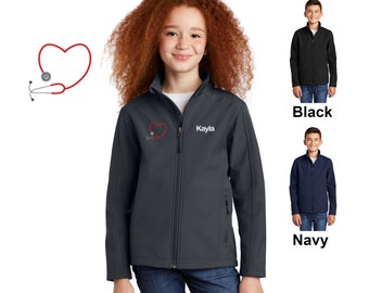 Chaqueta de enfermera personalizada para niños, diseño de corazón, nombre bordado, abrigo para niños, ropa médica para niños, médico fingido, caparazón suave y cálido