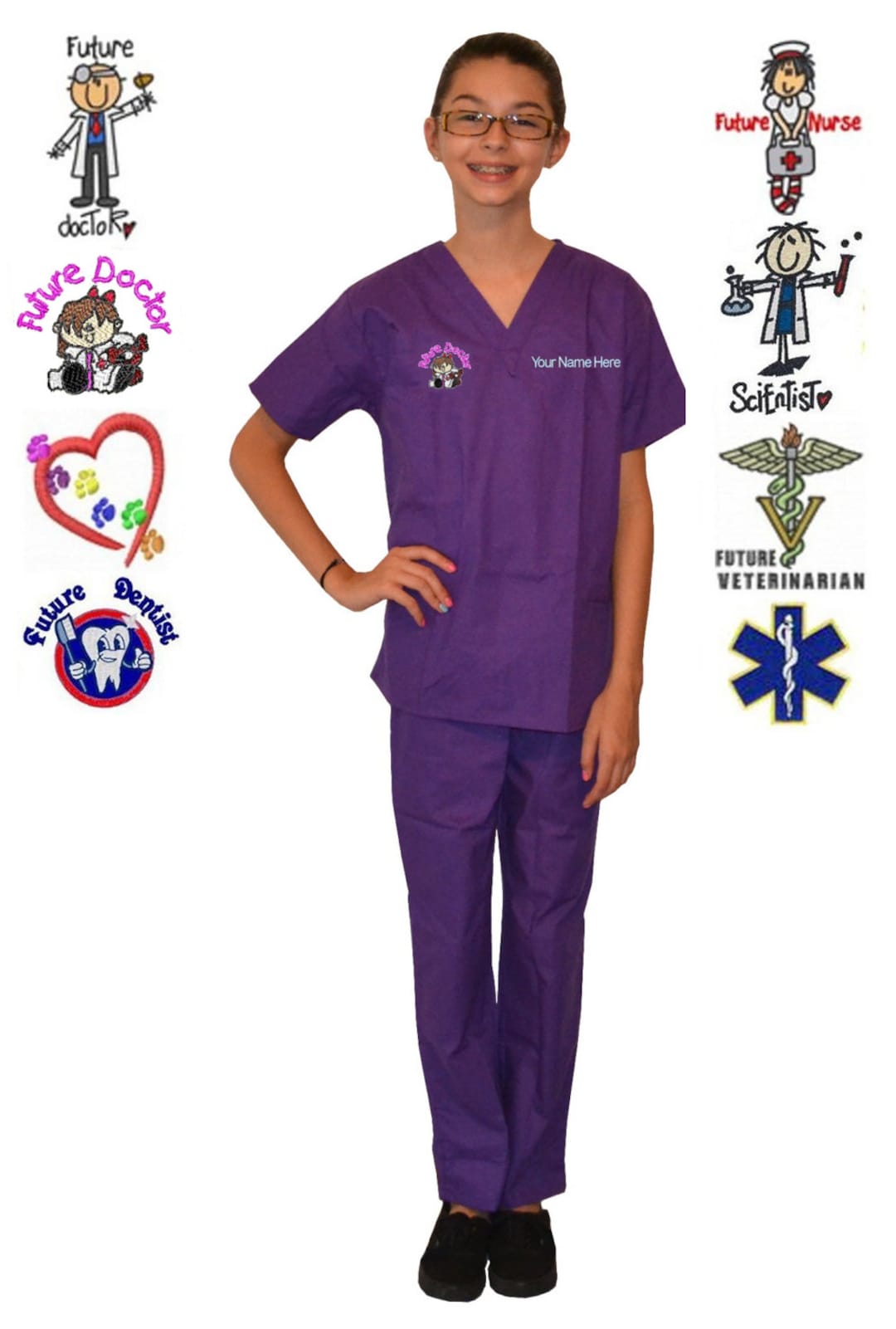 Embroidered Personalized Purple Kids Scrubs for Little Doctors and