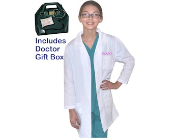 Bata de laboratorio infantil personalizada bordada con caja de regalo de médico para pequeños médicos y enfermeras, bata de laboratorio juvenil, veterinario, enfermera, científico