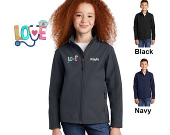 Chaqueta de enfermera personalizada para niños, diseño de amor, nombre bordado, abrigo para niños, ropa médica para niños, médico fingido, caparazón suave y cálido